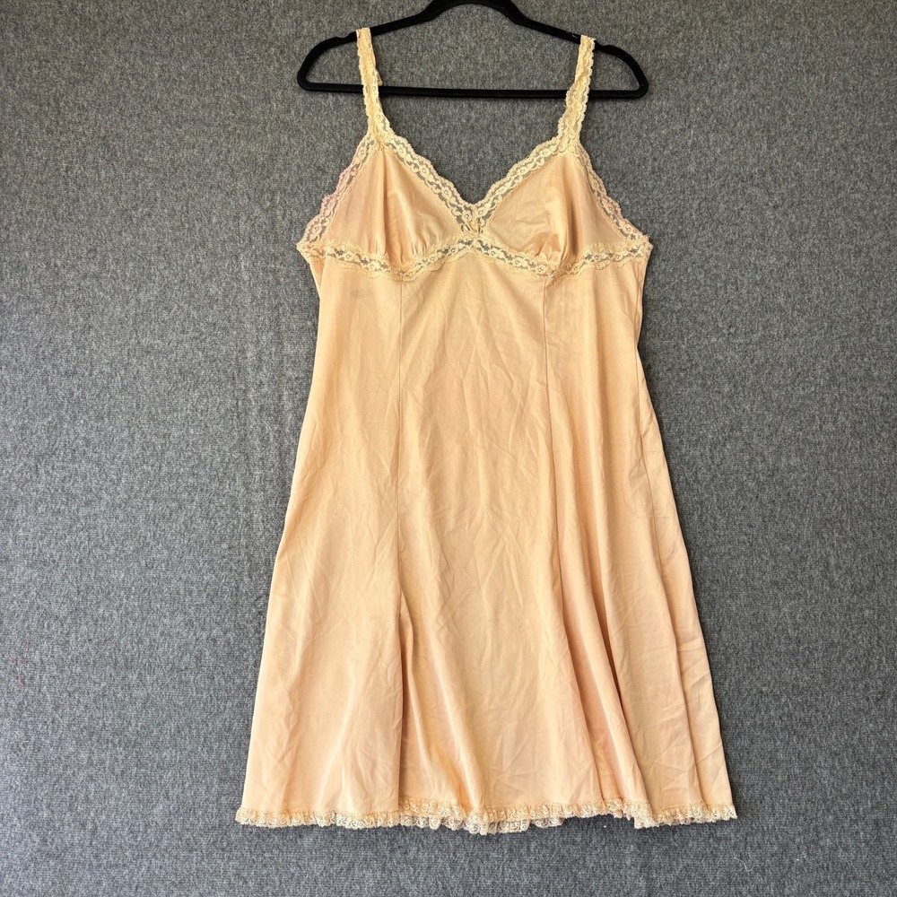 Vintage Olga Lace Trim Full Slip Dress Peach Nylon Lingerie Made in USA Size 38